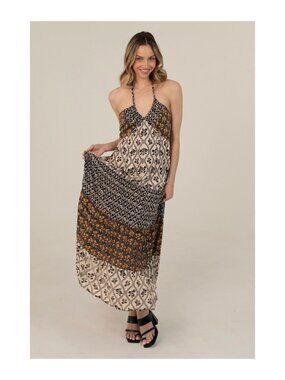 Angie Mix Print Halter Maxi Dress | V‑Neck | Boho Patchwork | 100% Rayon